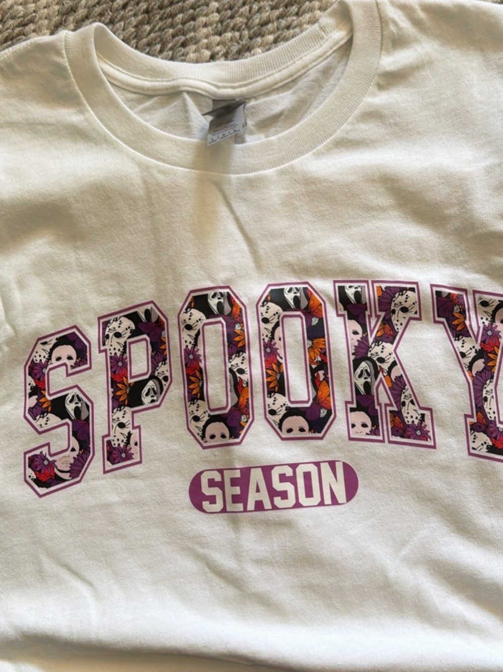 Gildan White Tee with Purple 'Spooky Season' Graphic